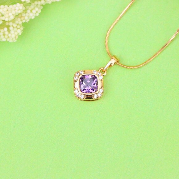 "Purple Cushion Stone Pendant in Gold Plated Brass with Crystal Halo, XPPT1770 - Picture 10 of 13